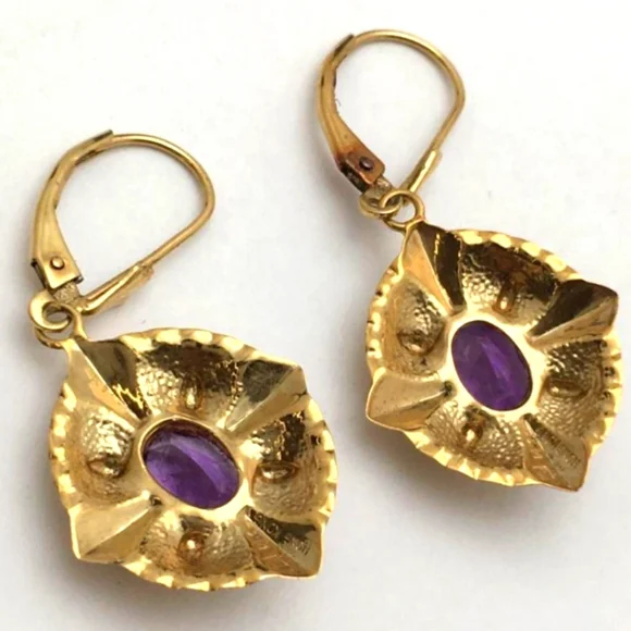Vintage Amethyst 14K Gold Drop Pierced Earrings - Picture 2 of 2